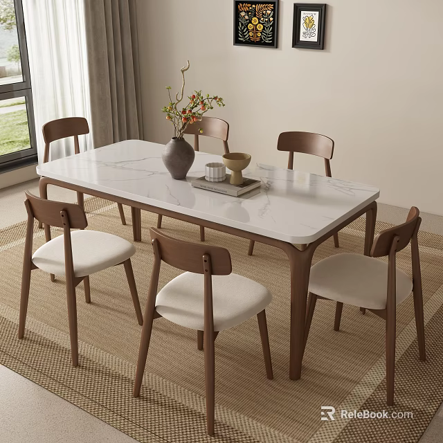 Marble Top Dining Table Set with Wooden Chairs Fabric Seats and Decorative Vase in Modern Interior 3d model 