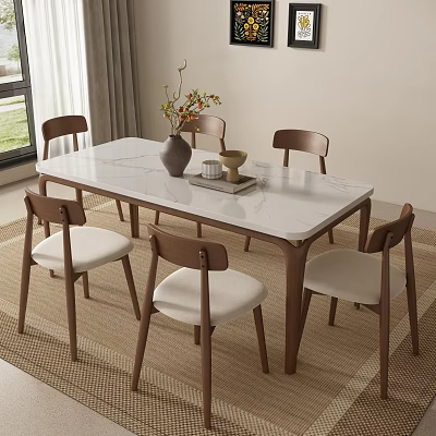 Marble Top Dining Table Set with Wooden Chairs Fabric Seats and Decorative Vase in Modern Interior 3d model