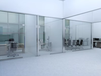 Modern Open Office Space With Glass Partitions Desks And White Interior 3d model