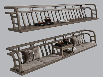 Traditional Chinese Style Public Chair With Wooden Frame Cushions And Small Tea Table 3d model