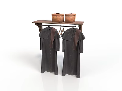 Dark Colored Clothes With Brown Decorations Hanging On Wooden Shelf With Baskets 3d model