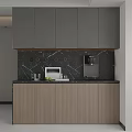 Modern Sideboard With Black Marble Countertop Wooden Cabinets Microwave Water Dispenser And Fresh Limes