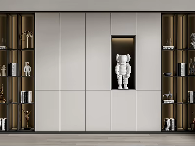 Modern Bookcase With Light And Dark Wood Panels Shelves And Decorative Sculpture 3d model