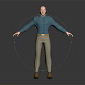 Bald Man in Blue Shirt and Brown Pants with Arms Outstretched on Dark Background