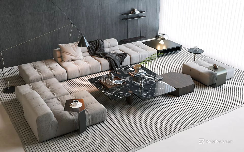 Modern Living Room Sofa And Coffee Table Set With Marble Top And Fabric Upholstery 3d model 