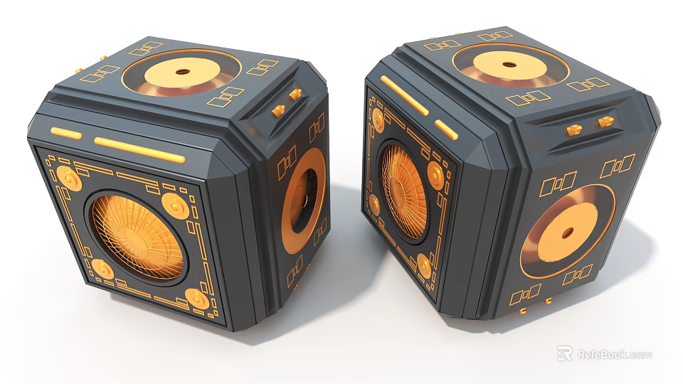 Black and Gold Cube Shaped Art Installation with Vinyl Record Design and Speaker Details 3d model 