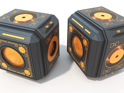 Black and Gold Cube Shaped Art Installation with Vinyl Record Design and Speaker Details 3d model