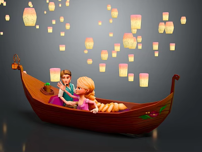 Game And Movie Characters Sitting On Wooden Boat With Floating Lanterns 3d model