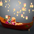 Game And Movie Characters Sitting On Wooden Boat With Floating Lanterns
