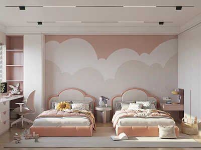 Cozy Kids Room With Pink And White Cloud Murals Two Beds Desk Chair And Storage 3d model