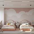 Cozy Kids Room With Pink And White Cloud Murals Two Beds Desk Chair And Storage