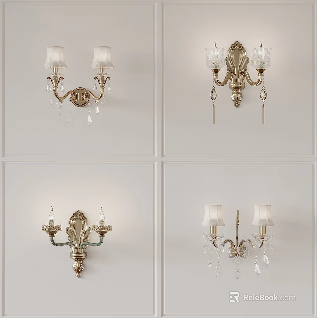 Elegant Classic Wall Mounted Lamps With Crystal Decorations And Lampshades Design 3d model 