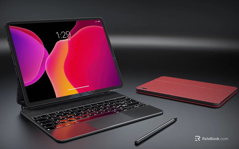 Sleek Touchscreen Tablet with Colorful Screen Display Keyboard Stylus Pen and Red Case 3d model 