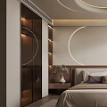 Modern Bedroom Interior With Circular Ceiling Light Strips Decorative Painting And Plant Patterned Window