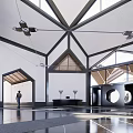 Cultural Center Interior With Modern Geometric Roof And Symmetrical Wooden Decorations