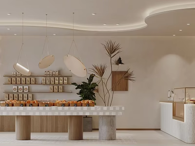 Modern Minimalist Dessert Shop Interior With Display Case Fresh Pastries Green Plants Hanging Lights And Wooden Tables 3d model