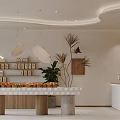 Modern Minimalist Dessert Shop Interior With Display Case Fresh Pastries Green Plants Hanging Lights And Wooden Tables