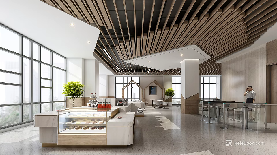 Modern Public Lounge Interior With Wooden Ceiling Large Windows And Green Plants 3d model 