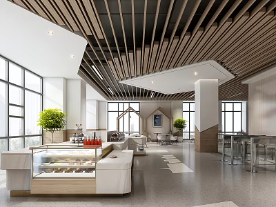 Modern Public Lounge Interior With Wooden Ceiling Large Windows And Green Plants 3d model