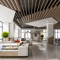 Modern Public Lounge Interior With Wooden Ceiling Large Windows And Green Plants