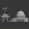 Cartoon Scene of Scientific Base With Dome Tower Ladder Satellite Dish Weathervane and Rocky Ground