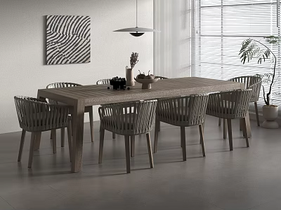 Long Wooden Outdoor Table with Woven Chairs and Decorative Items Near Window and Potted Plant 3d model