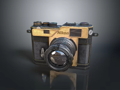 Vintage Nikon Camera With Gold And Black Retro Design And Classic Lens 3d model
