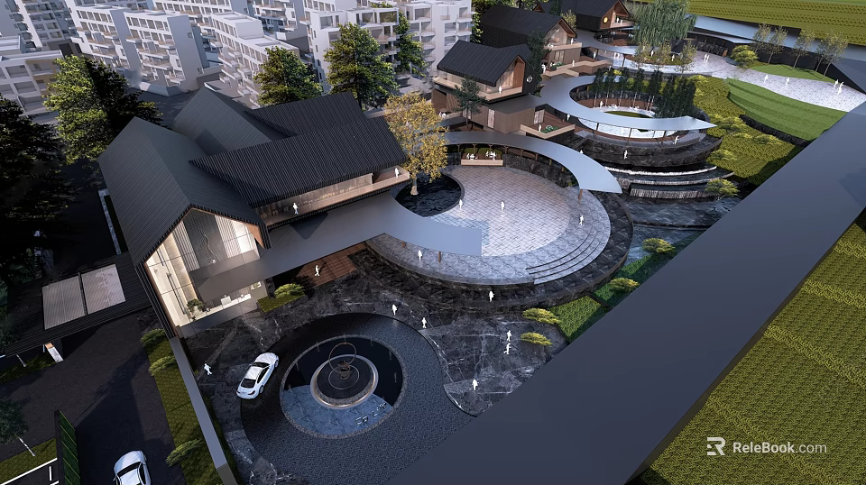 Traditional Modern Commercial Street With Circular Plaza Greenery And Stone Paved Paths 3d model 