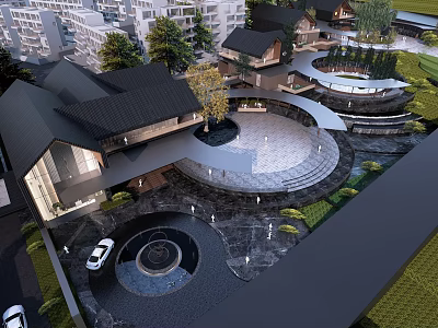 Traditional Modern Commercial Street With Circular Plaza Greenery And Stone Paved Paths 3d model