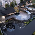 Traditional Modern Commercial Street With Circular Plaza Greenery And Stone Paved Paths