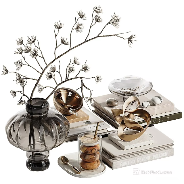 Elegant Decorative Ornament Set With Glass Vase Dried Branches Metal Sculpture And Stacked Books 3d model 