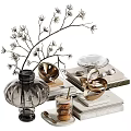 Elegant Decorative Ornament Set With Glass Vase Dried Branches Metal Sculpture And Stacked Books