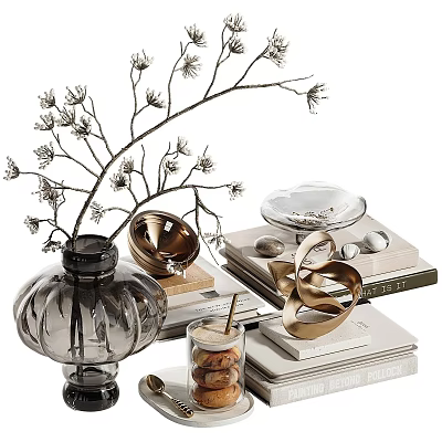Elegant Decorative Ornament Set With Glass Vase Dried Branches Metal Sculpture And Stacked Books 3d model