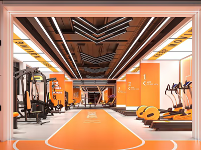 Modern Gym Workout Area With Orange Floor Treadmills Strength Machines And Ceiling Light Strips 3d model