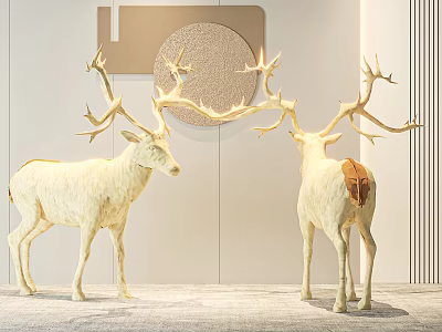 Decorative Light Colored Deer Sculptures In Modern Interior With Wall Decor Elements 3d model