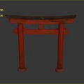 Red Traditional Japanese Torii Gate With Wooden Structure And Stone Base