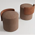 Set of Two Brown Upholstered Sofa Stools with Round Seat and Backrest