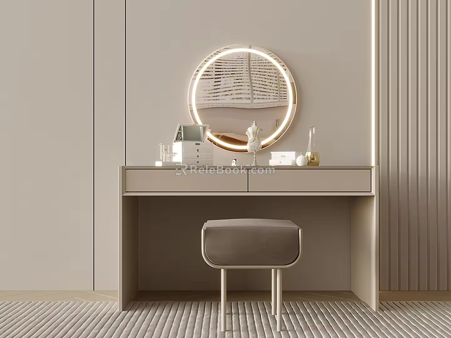Modern Dressing Table Cream Dressing Table Makeup Table Makeup Stool Combination Dressing Mirror Decoration Ornaments 3d model