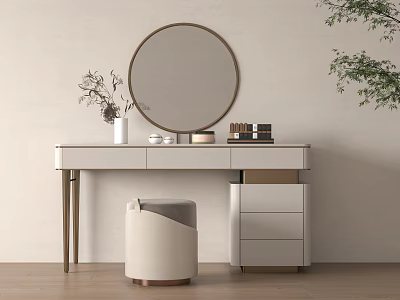 Elegant White Dressing Table With Round Mirror Beige Stool Metal Legs And Drawers 3d model