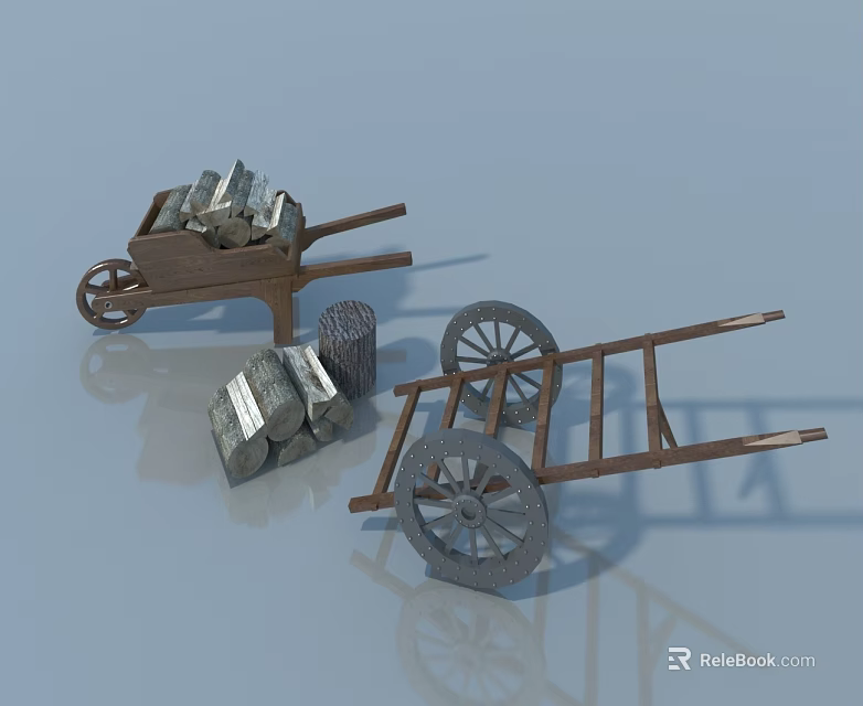 Swing Door With Wooden Wheelbarrows And Stones In Blue Background 3d model 