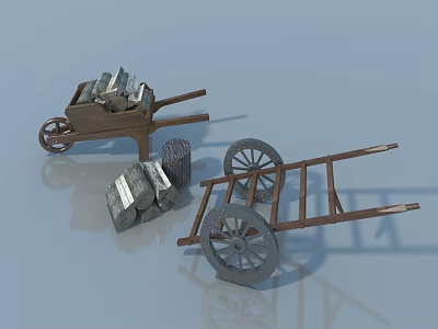 Swing Door With Wooden Wheelbarrows And Stones In Blue Background 3d model