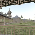 Traditional Garden Landscape with Pagoda Pavilion Wooden Railing Lush Trees and People Walking