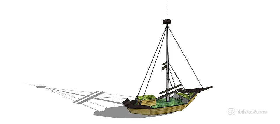 Traditional Wooden Boat with Mast Rigging and Classic Design Structure 3d model 