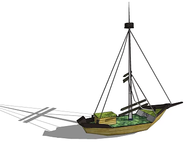 Traditional Wooden Boat with Mast Rigging and Classic Design Structure 3d model