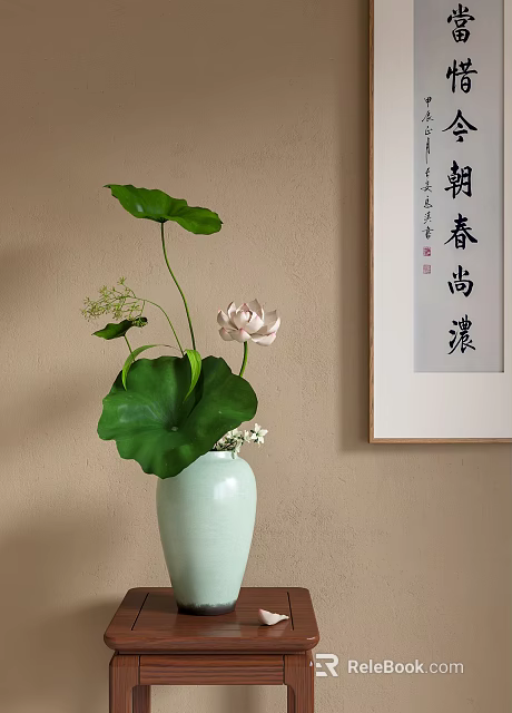 Light Green Ceramic Vase With Lotus Flower And Leaves By Chinese Calligraphy Painting 3d model 