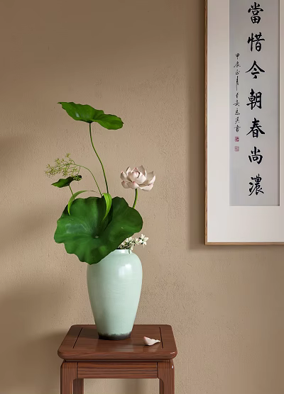 Light Green Ceramic Vase With Lotus Flower And Leaves By Chinese Calligraphy Painting 3d model
