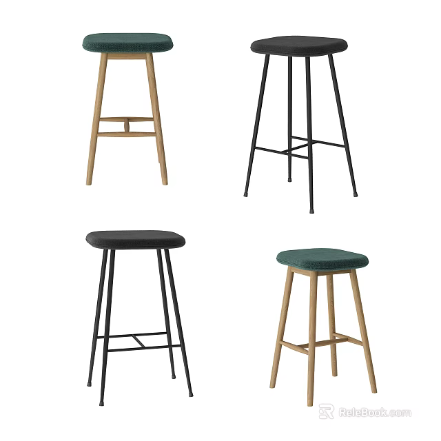Modern Bar Stools With Wooden And Metal Frames In Black Green And Natural Tones 3d model 