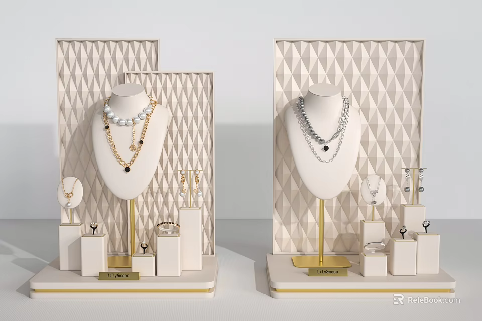 Elegant Jewelry Display With Necklaces Earrings Rings On Geometric Background Mannequin Stands 3d model 