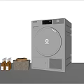 Modern Silver Washing Machine With Digital Display Cleaning Supplies And Laundry Basket