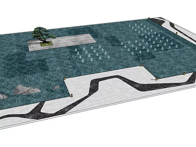 Scenic Fountain Landscape Design With Water Pool Pine Tree Curved Pathway And Stones 3d model